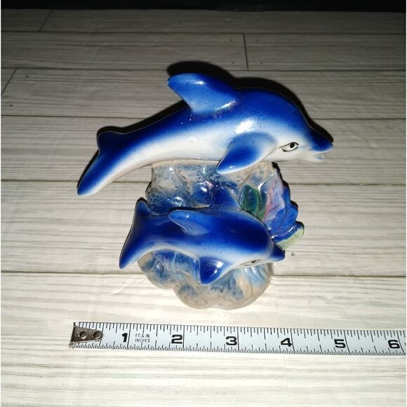 Vintage Ceramic Dolphins Figurine Blue Iridescent Luster Nautical Decor 4½in - Picture 9 of 9